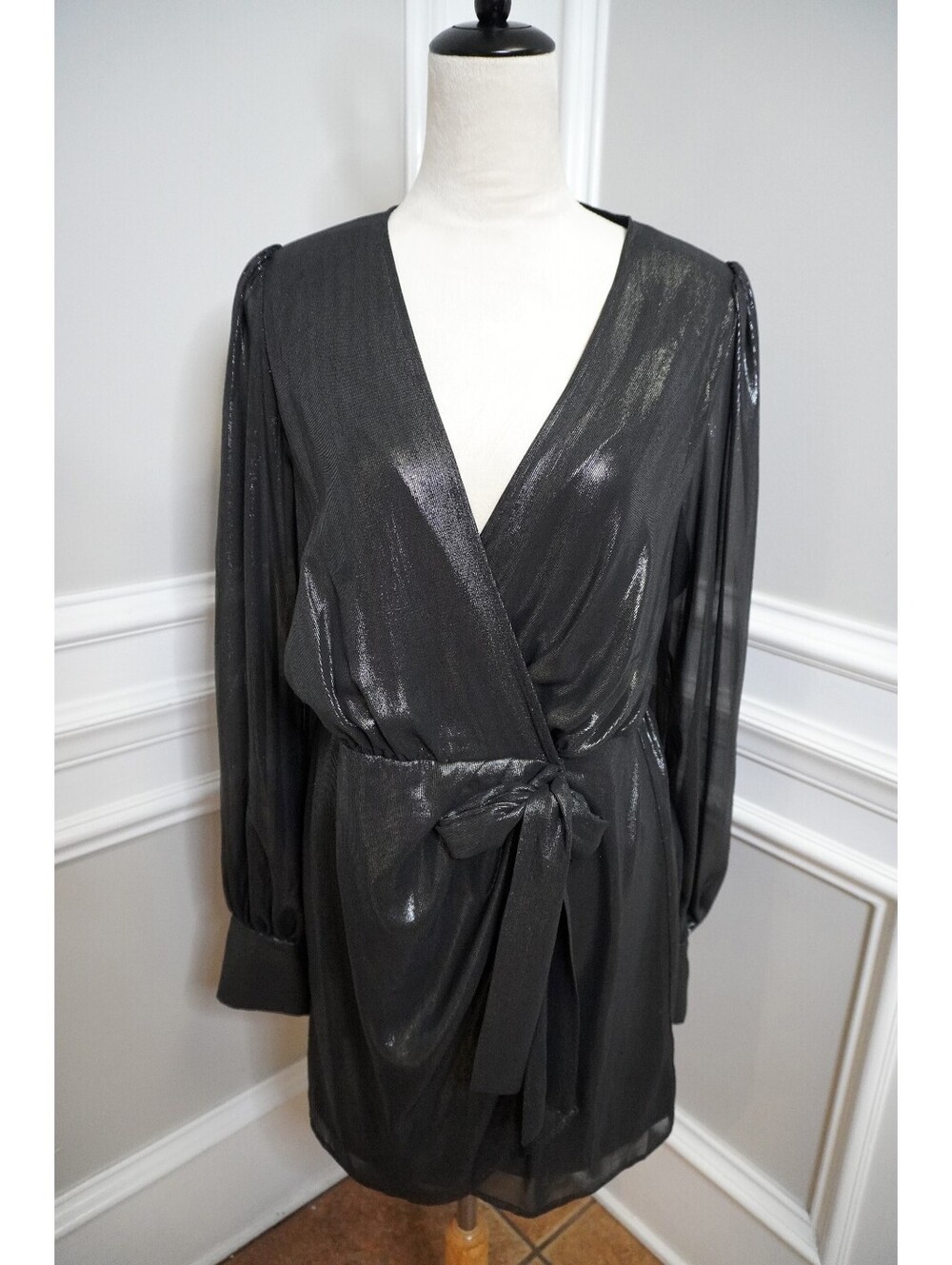 Express Black Metallic Long Sleeve Wrap Dress with Tie Waist, Size M